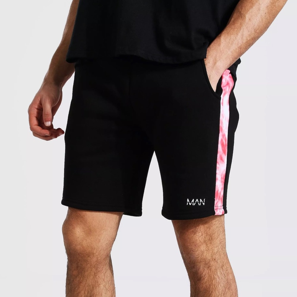 BOOHOO MAN Black Jersey Shorts, Tie Dye Sides, Pockets, Drawstring Size Large